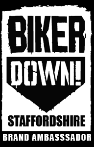 Logo of Biker Down! Staffordshire, featuring bold text with a distressed design, indicating 'Brand Ambassador'.